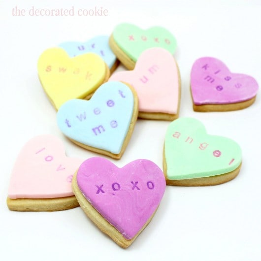 stamped conversation heart cookies