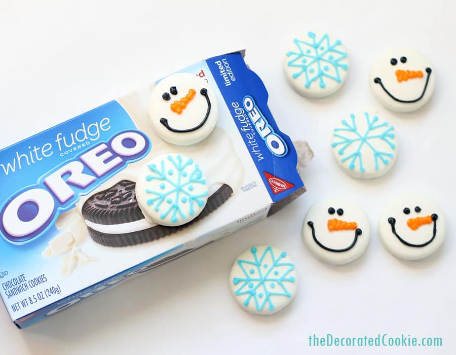 snowflake and snowman Oreos (and how to draw a snowflake)