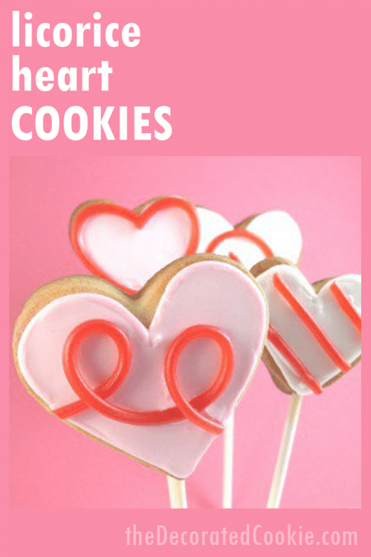 licorice heart cookies on a stick for Valentine's Day the decorated cookie