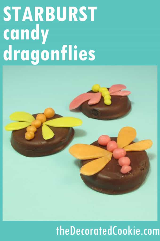 Make a Starburst candy dragonfly to top cookies and cupcakes, a fun food idea for Spring, summer or a bug-themed birthday party. #StarburstCandy