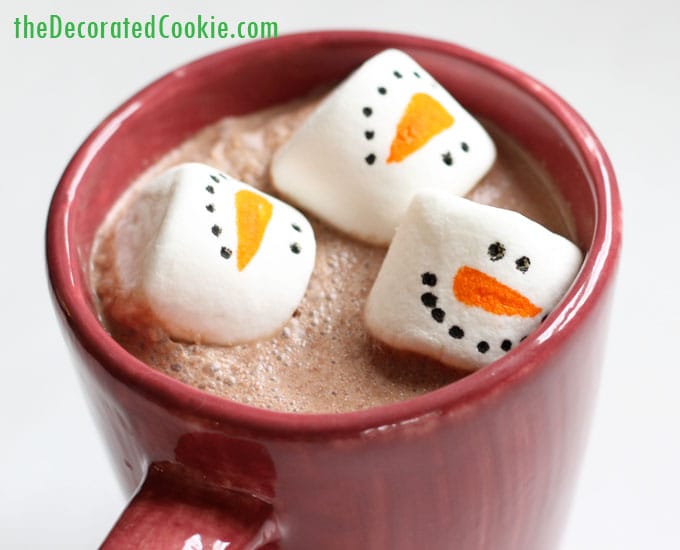 marshmallow snowmen in hot chocolate