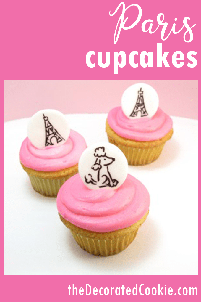 Paris cupcakes! How to make paris cupcakes with fondant cupcake toppers. How to draw the Eiffel Tower and a poodle. #ParisCupcakes 