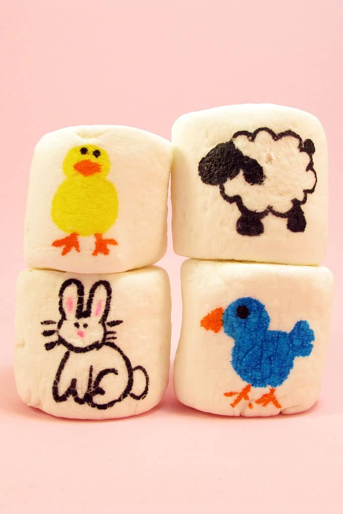 How to use food coloring pens to make Easter marshmallows with Easter animals. How to draw a bunny, bird, chick, and lamb.