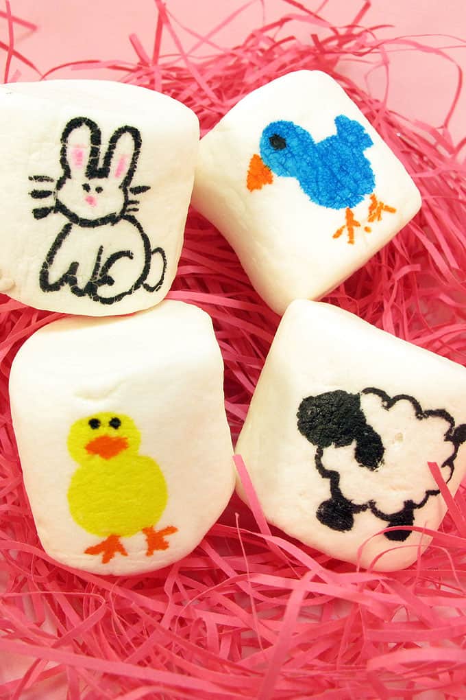 How to use food coloring pens to make Easter marshmallows with Easter animals. How to draw a bunny, bird, chick, and lamb.