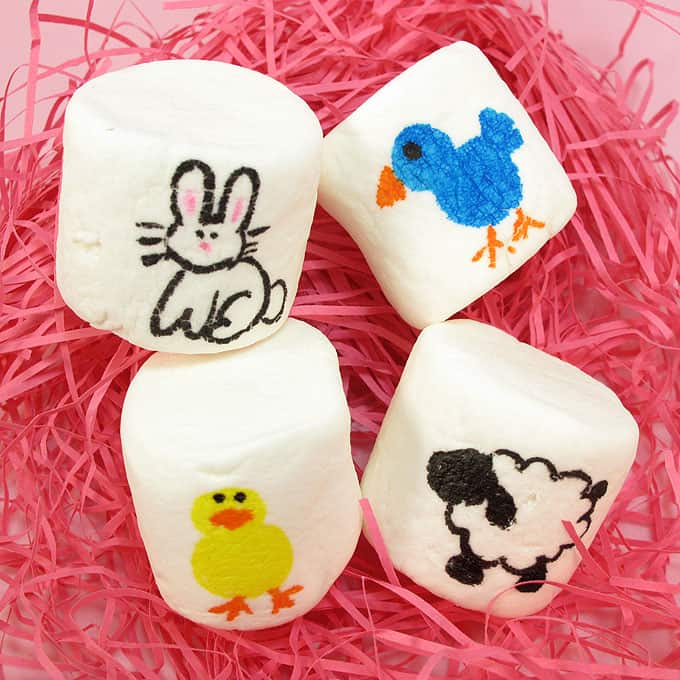 How to use food coloring pens to make Easter marshmallows with Easter animals. How to draw a bunny, bird, chick, and lamb.