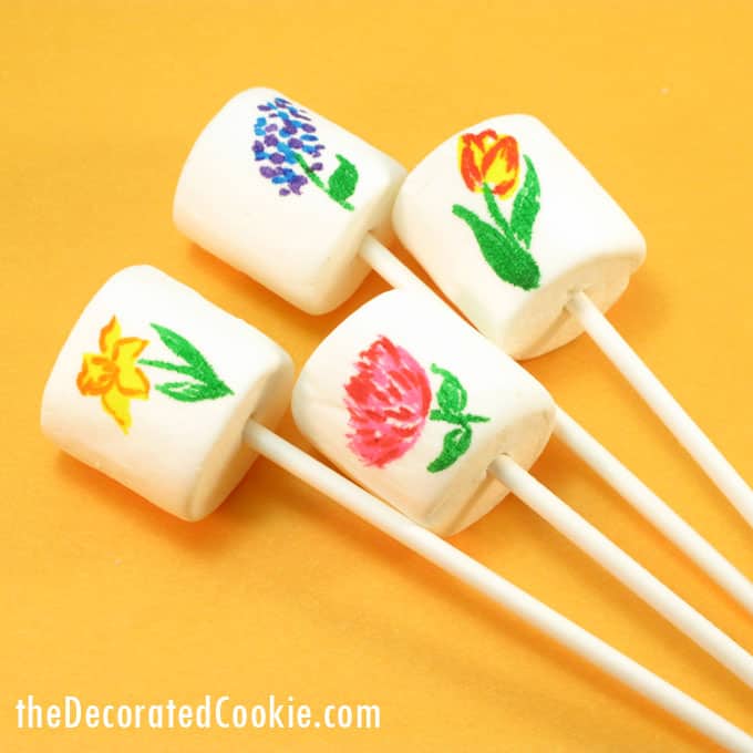 Spring marshmallows: Make flower marshmallows with food coloring pens, and instructions on how to draw flowers.