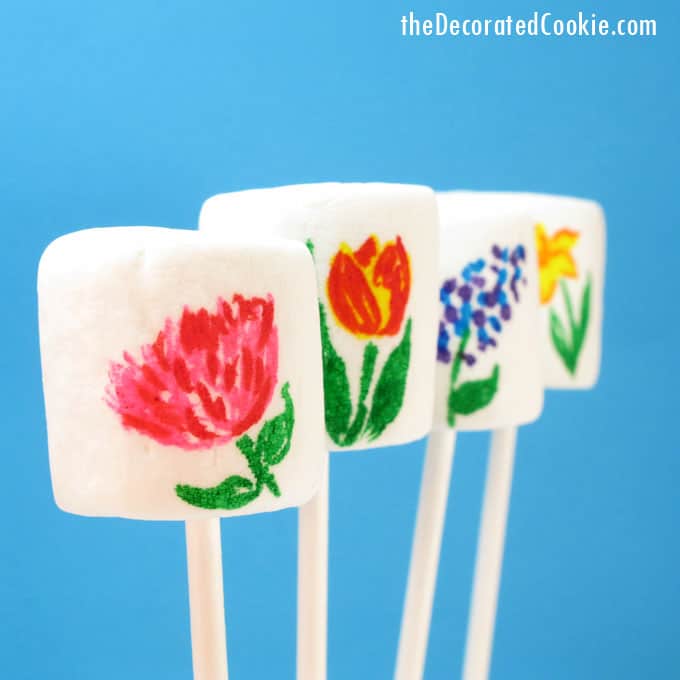 Spring marshmallows: Make flower marshmallows with food coloring pens, and instructions on how to draw flowers.