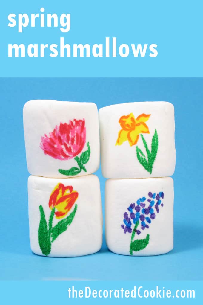 Spring marshmallows: Make flower marshmallows with food coloring pens, and instructions on how to draw flowers.