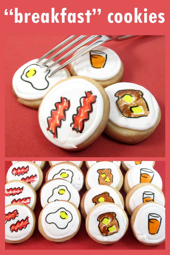 How to decorate breakfast cookies (cookies that look like breakfast), using royal icing and food coloring pens. A fun brunch treat. #BrunchDesserts #DecoratedCookies #Breakfast 