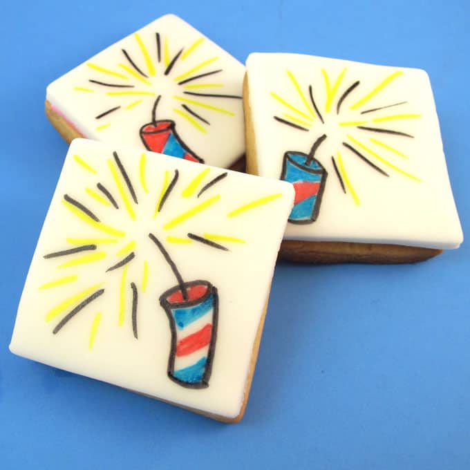 firecracker cookies for the 4th of July: How to draw a firecracker on a cookie topped with royal icing for fondant. 