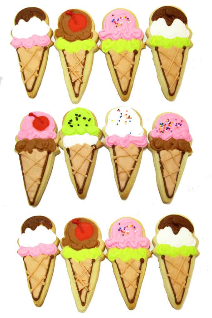 How to decorate ice cream cone cookies, a fun summer treat! Decorated sugar cookies with royal icing and sprinkles.