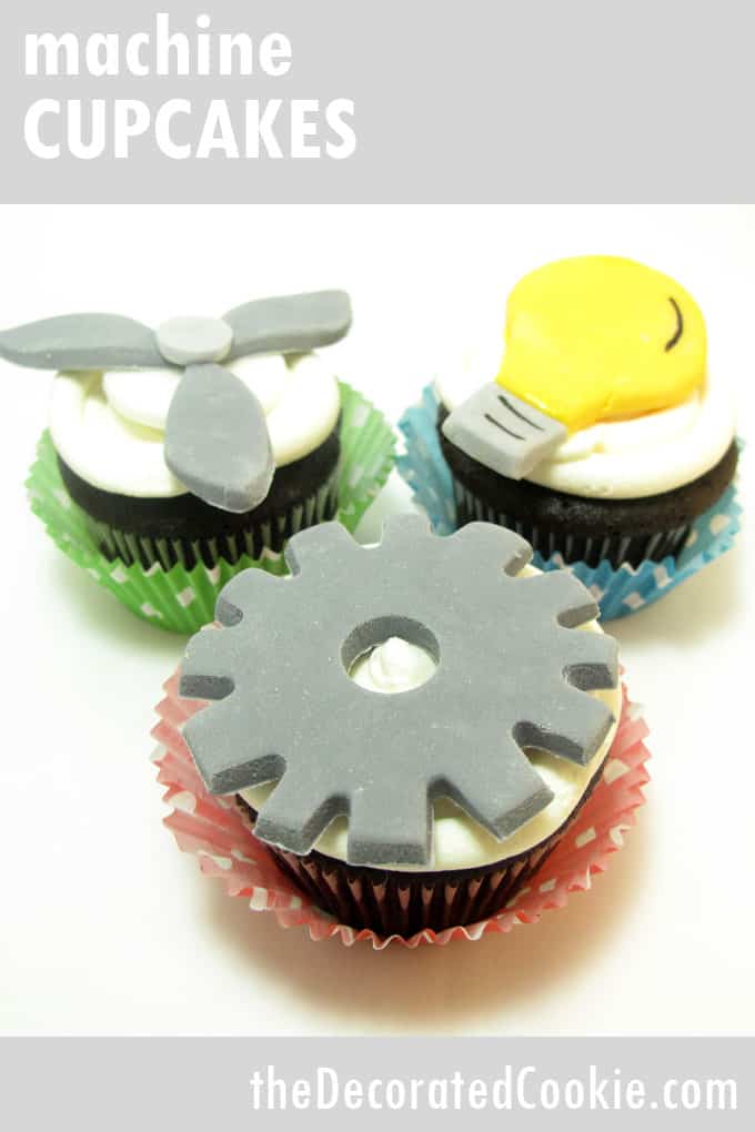 Machine cupcakes: Cupcakes topped with fondant light bulbs, fans, and gears, for a boy's birthday party. #Machines #BoyBirthdayParty #Cupcakes #BirthdayCupcakes #Fondant 