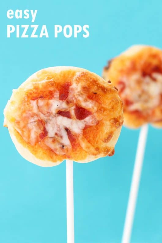 pizza pops, or pizza on a stick, for a fun kids party food idea.