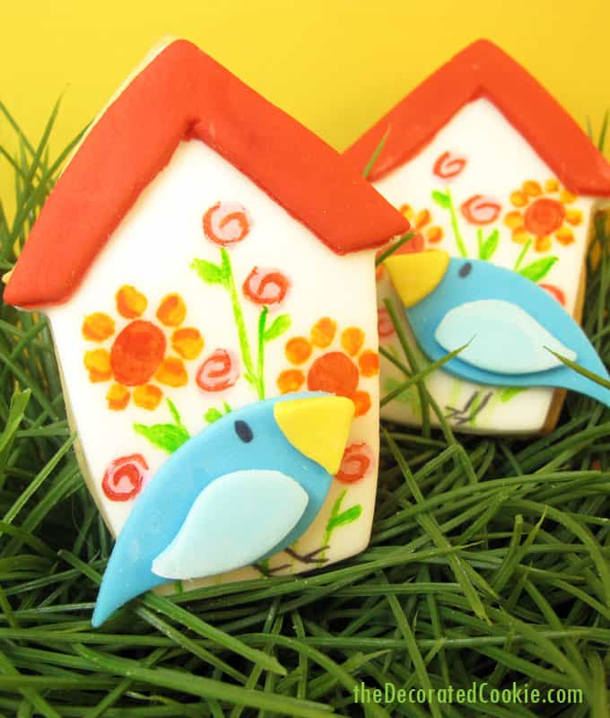 birdhouse cookies and bird cookies: How to paint on cookies #cookiedecorating #cookiepainting #birdhouse #birdcookies 