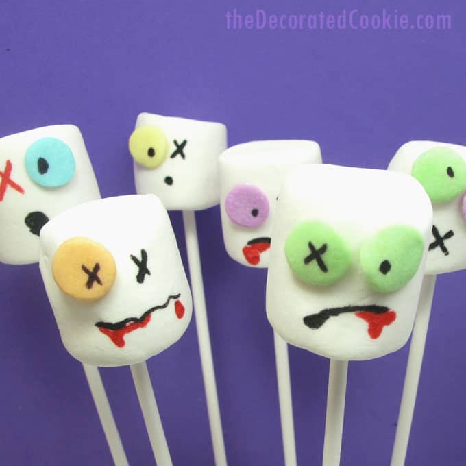 The original Zombie marshmallows on a stick for a spooky Halloween party food or for The Walking Dead party. #Zombies #Marshmallows #Halloween #TheWalkingDead #zombiemarshmallows