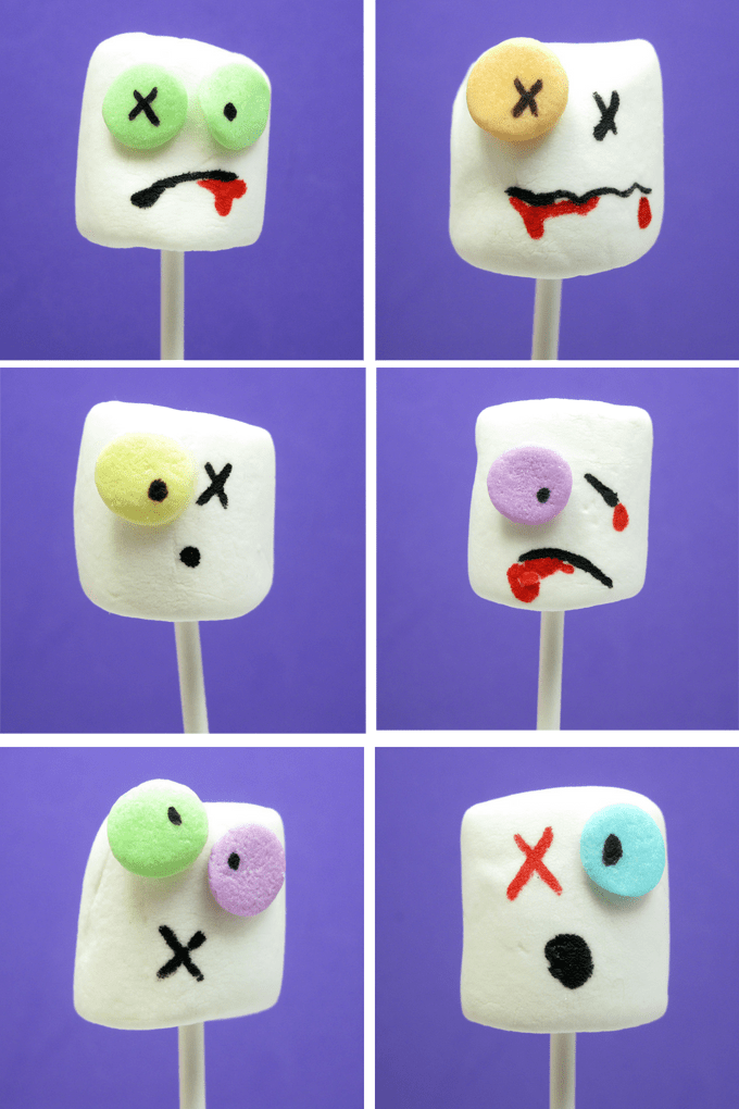 The original Zombie marshmallows on a stick for a spooky Halloween party food or for The Walking Dead party. #Zombies #Marshmallows #Halloween #TheWalkingDead #zombiemarshmallows