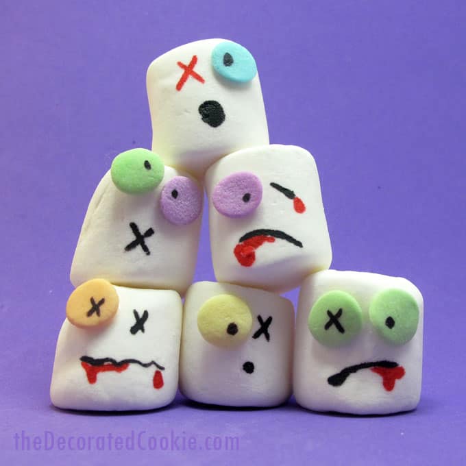 The original Zombie marshmallows on a stick for a spooky Halloween party food or for The Walking Dead party. #Zombies #Marshmallows #Halloween #TheWalkingDead #zombiemarshmallows