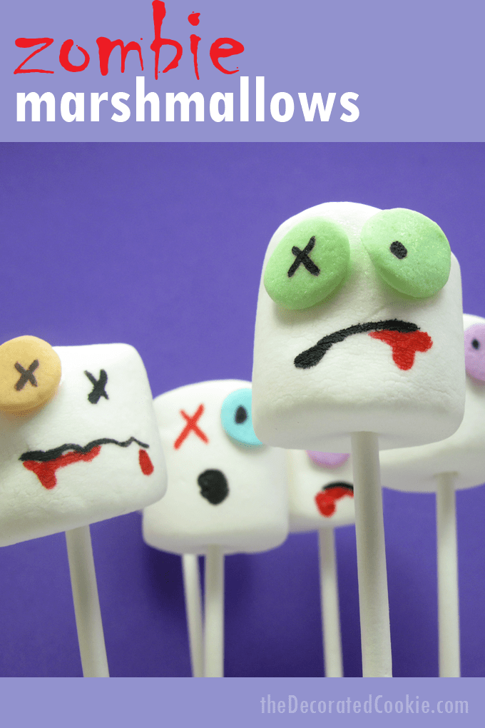 The original Zombie marshmallows on a stick for a spooky Halloween party food or for The Walking Dead party. #Zombies #Marshmallows #Halloween #TheWalkingDead #zombiemarshmallows 