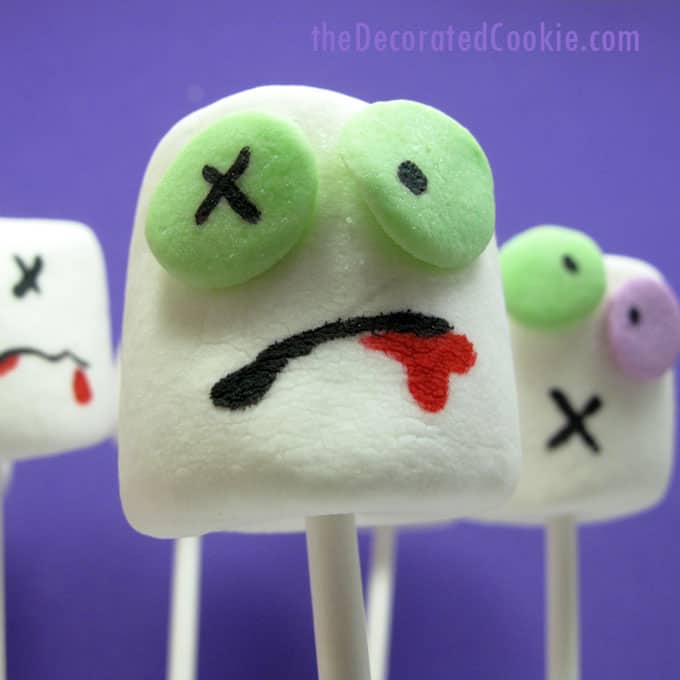 The original Zombie marshmallows on a stick for a spooky Halloween party food or for The Walking Dead party. #Zombies #Marshmallows #Halloween #TheWalkingDead #zombiemarshmallows