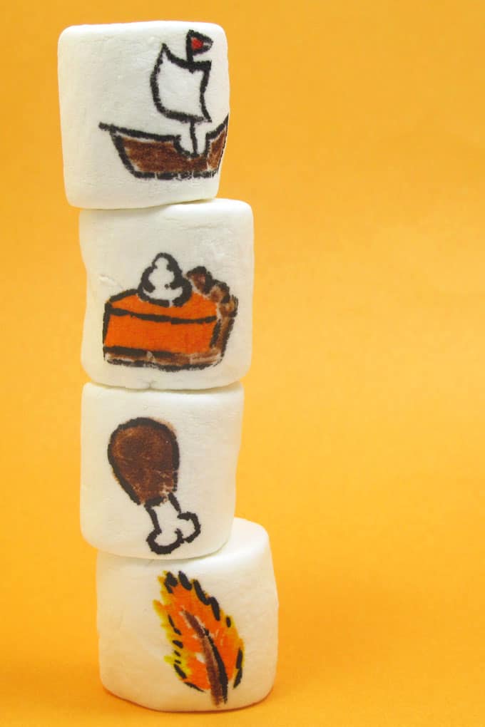 marshmallows stacked with Thanksgiving drawings 