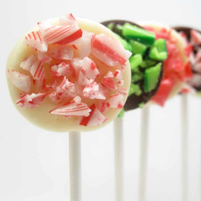 chocolate bark pops (with crushed candy canes) 