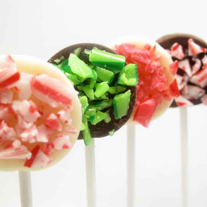 chocolate bark pops (with crushed candy canes) 