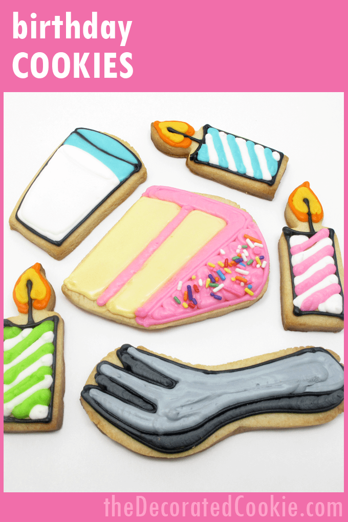 birthday cookies - how to decorate cake, milk, and candle cookies #cookiedecorating #birthdaycookies 
