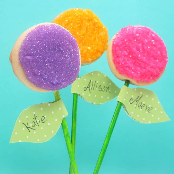 How to decorate easy flower cookie pops using sprinkles. Attach paper leaves to make place cards or party favors for a spring or garden party.