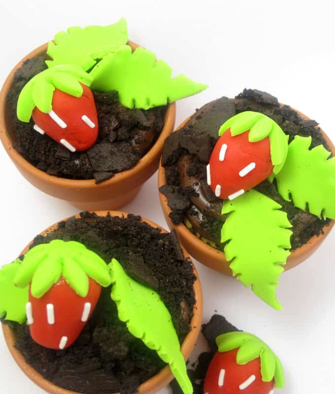 Strawberry patch cupcakes are delicious chocolate "dirt" cupcakes in flower pots with strawberry patch fondant decorations. #strawberry #summer #cupcakes #flowerpot #Fondant 