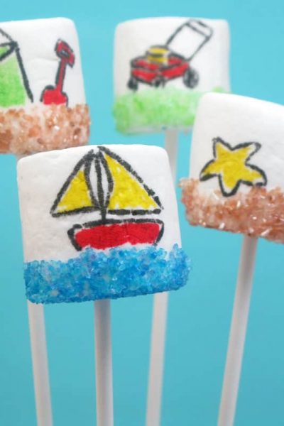 Summer marshmallows! Marshmallow art with food pens and sprinkles. Also, how to dye your own sprinkles with food coloring.