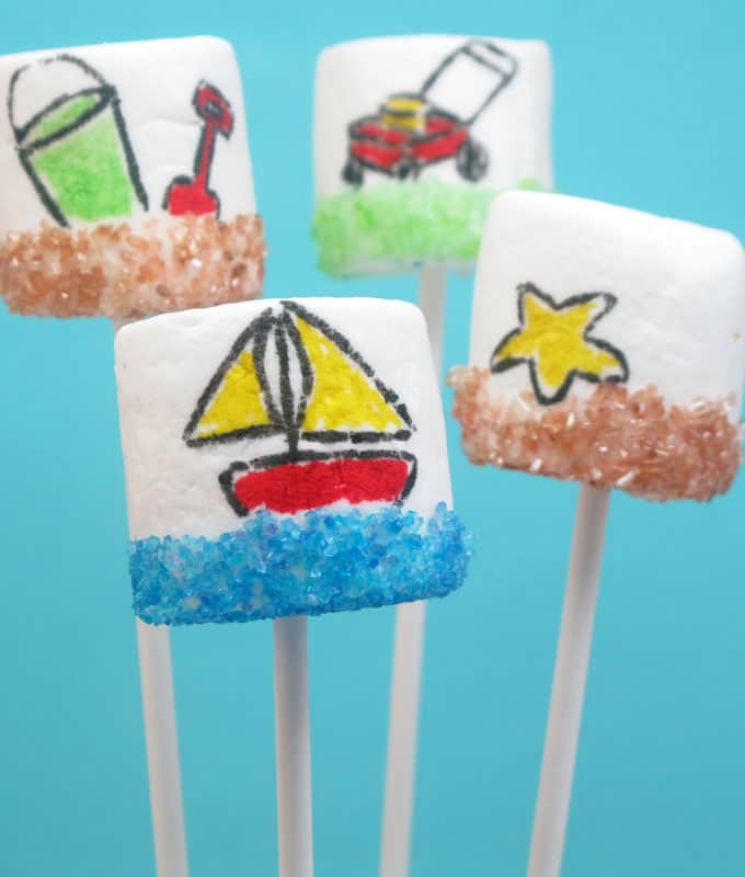 Summer marshmallows! Marshmallow art with food pens and sprinkles. Also, how to dye your own sprinkles with food coloring. 