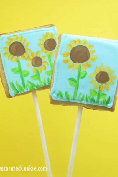 Painted sunflower cookies: How to paint on cookies with food coloring.