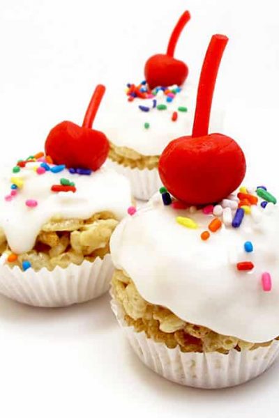 How to make cute, mini, frosted Rice Krispie Treat "cupcakes" with a fondant cherry on top. the decorated cookie