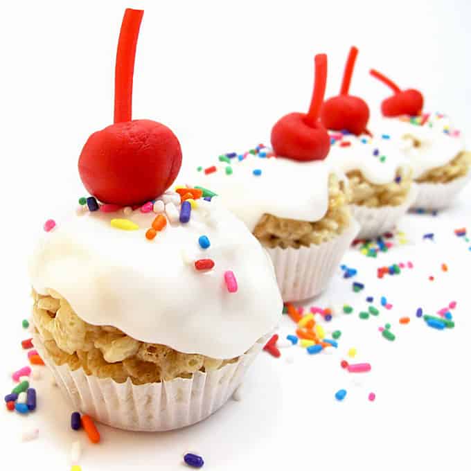 How to make cute, mini, frosted Rice Krispie Treat "cupcakes" with a fondant cherry on top. the decorated cookie