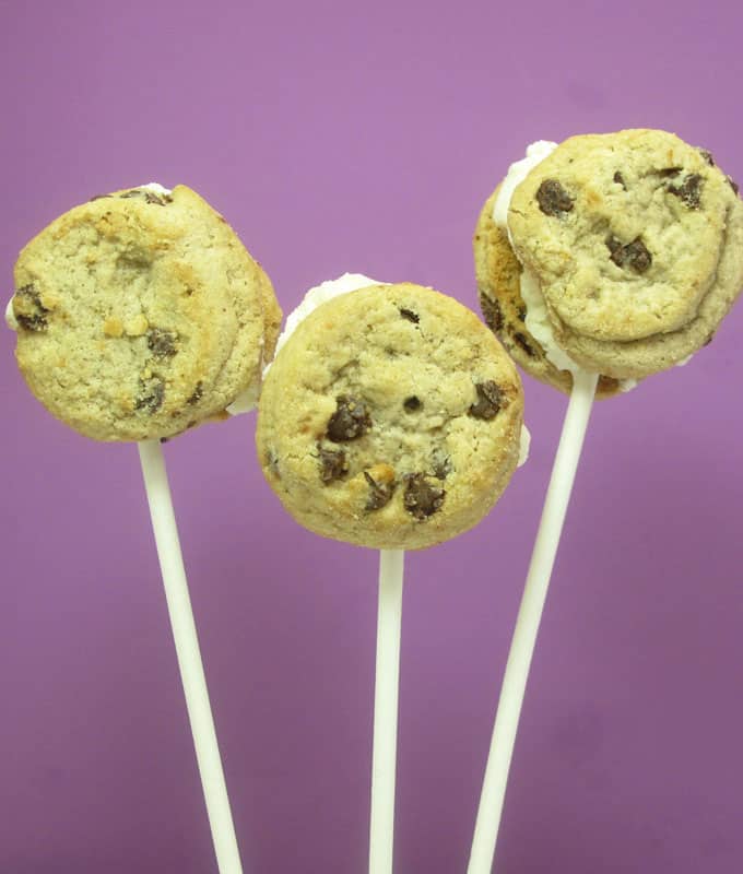 ice cream sandwich on a stick with mini chocolate chip cookies, a cute and easy summer treat idea