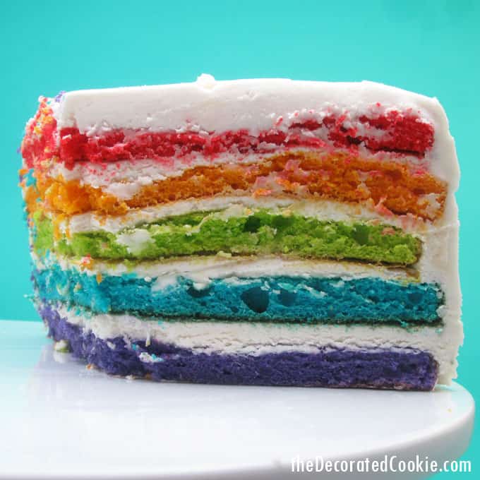 Rainbow cake and cupcakes with buttercream frosting for a unicorn or rainbow party -- the decorated cookie 