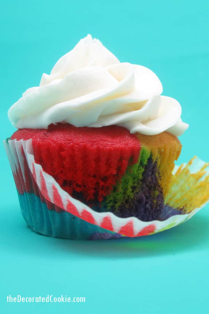 Rainbow cake and cupcakes with buttercream frosting for a unicorn or rainbow party -- the decorated cookie 