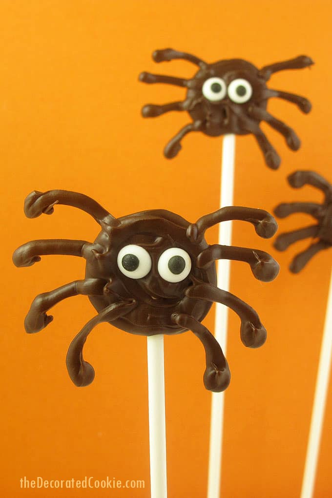 chocolate spiders on a stick for Halloween -- quick and easy chocolate spiders on a stick for a Halloween treat idea -- fun Halloween classroom treat