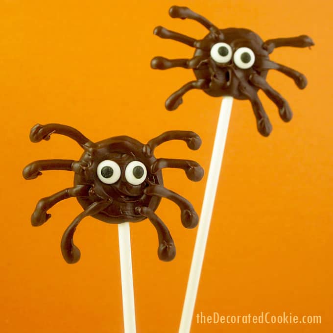 chocolate spiders on a stick for Halloween -- quick and easy chocolate spiders on a stick for a Halloween treat idea -- fun Halloween classroom treat