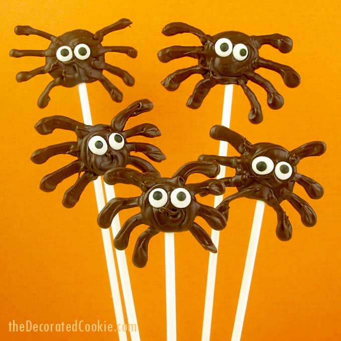 chocolate spiders on a stick for Halloween -- quick and easy chocolate spiders on a stick for a Halloween treat idea -- fun Halloween classroom treat