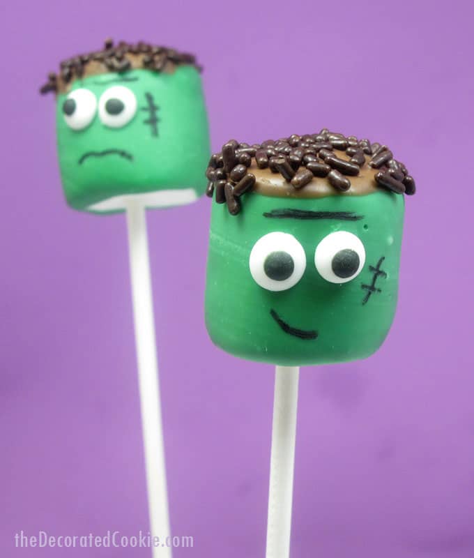 Frankenstein marshmallow pops for Halloween -- a fun food idea for your Halloween party