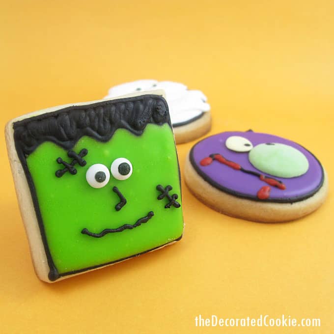 monster face cookies for Halloween -- Halloween dessert idea -- fun food for Halloween -- vampire, zombie, mummy, and Frankenstein cookies