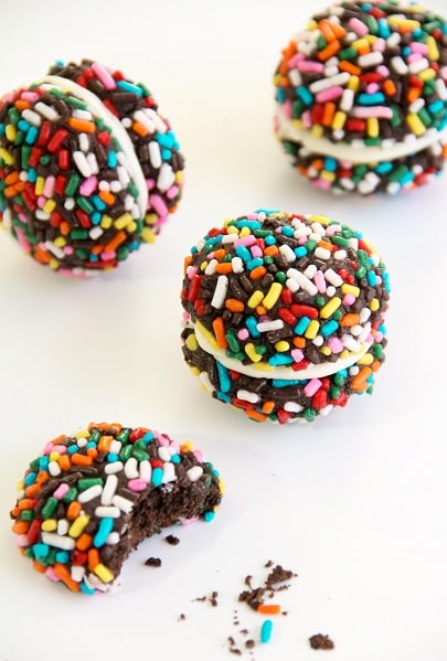 chocolate sprinkle sandwich cookies from Heather of Sprinkle Bakes