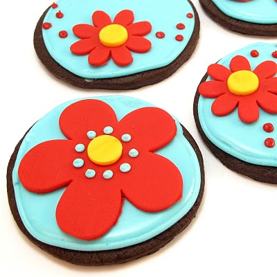 red and aqua chocolate flower cookies