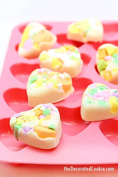 heart-shaped conversation heart chocolate bark for Valentine's Day