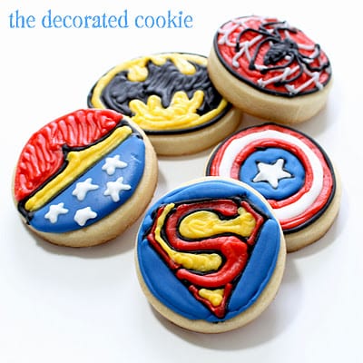 bite-size Superhero cookies #SuperheroParty #SuperheroCookies #CookieDecorating 