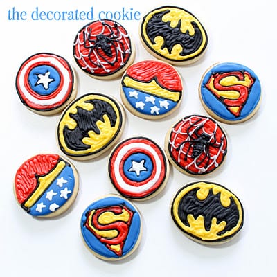 bite-size Superhero cookies #SuperheroParty #SuperheroCookies #CookieDecorating 