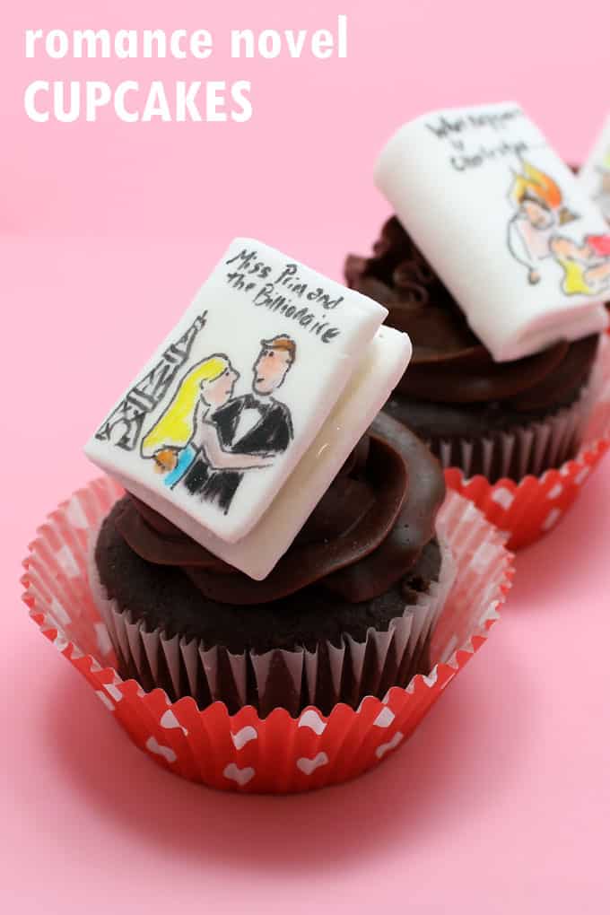 romance novel cupcakes -- chocolate cupcakes with buttercream frosting and fondant books, a fun food idea for Valentine's Day 