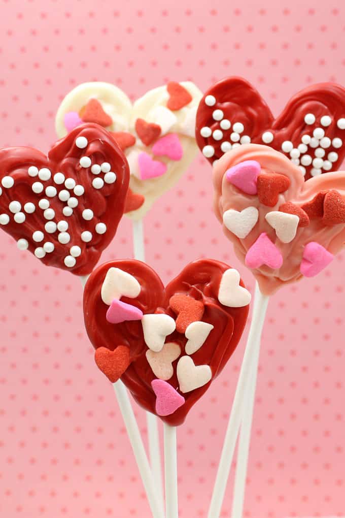 candy hearts: Kid-friendly chocolate candy hearts on sticks for Valentine's Day.