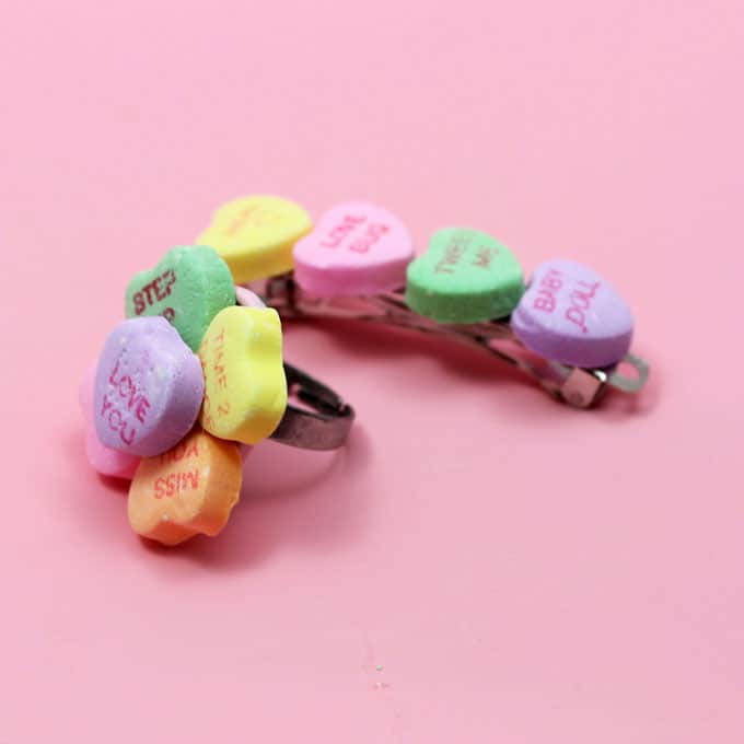 How to make conversation heart jewelry: Valentine's Day crafts for kids. Make conversation heart rings and conversation heart barrettes.